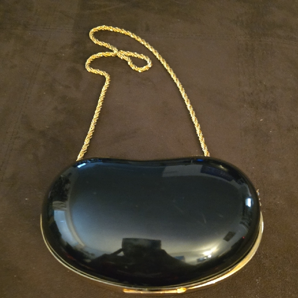 Black and Gold Patent Leather Clutch with Chain
